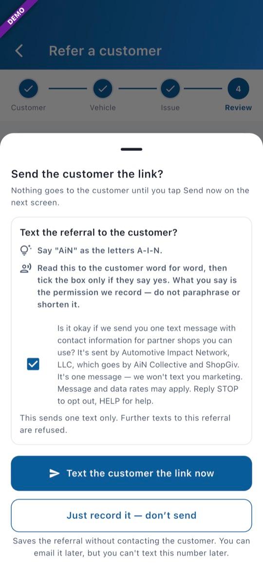 App screen: Text the customer the link now