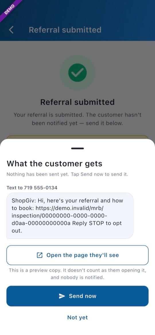App screen: Check the text, then Send now